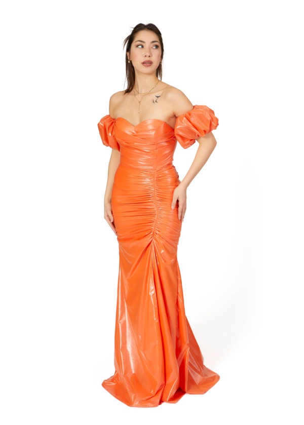 Straplez Model Balon Kol Sade Orange Abiye